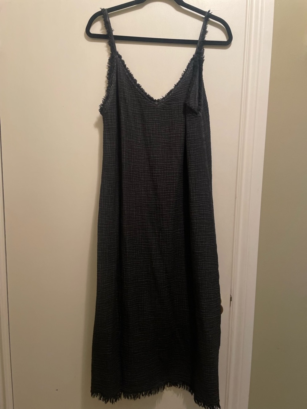 Medium Black Maxi Slip Dress with Fringe Trim 100% cotton